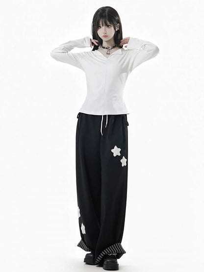 Long V-Neck Black Sleeves Reversed White Gray in Top /