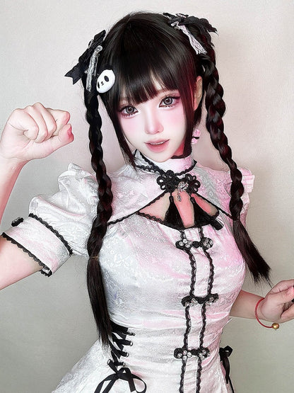 Braided Short Bangs Wig + Ponytail Black 55CM Claw 30CM Clips Full Straight Double With