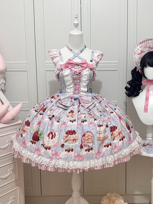 Sweet Skirt and Jumper Bows Blue Dessert Lolita Strawberry Print