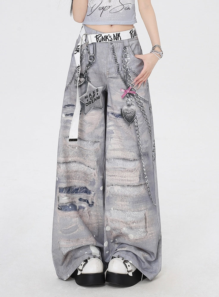 Grey Low Holes Waist Distressed Chains 3D Print Wide-Leg Casual Pants and