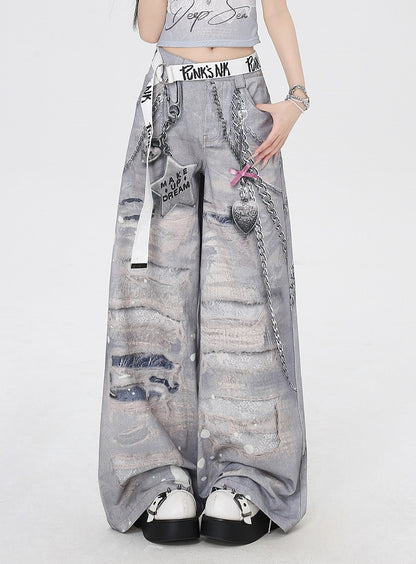 Grey Low Holes Waist Distressed Chains 3D Print Wide-Leg Casual Pants and