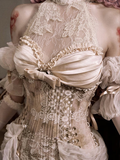 Neck Rococo Top Accents Cascading Detachable Illusion Ruffle Halter Corset with Lace