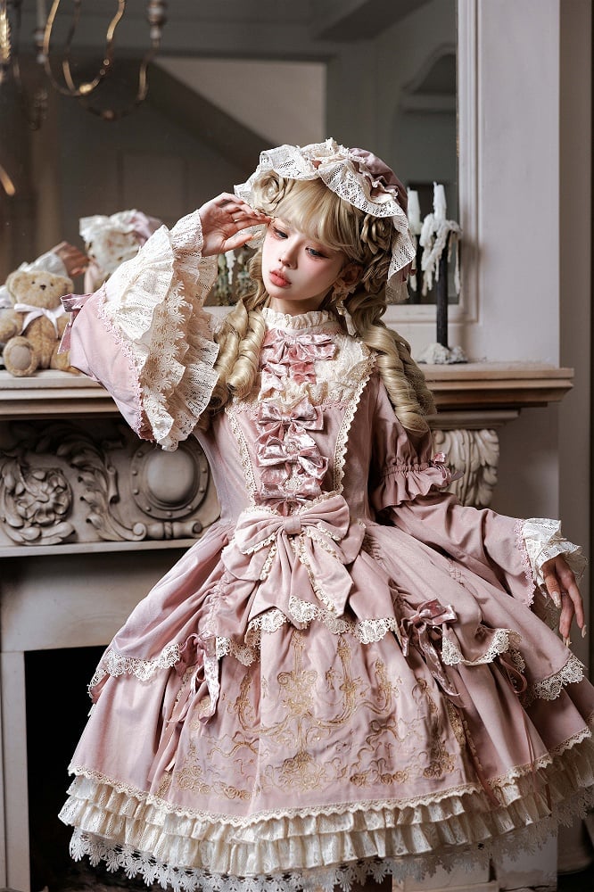 and Embroidery Candlestick Candle Bell Dress Pink Sleeves Velvet