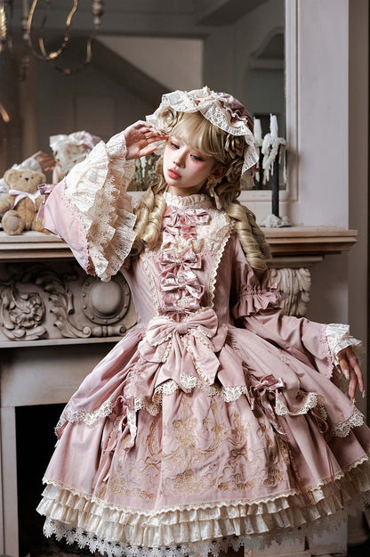 and Embroidery Candlestick Candle Bell Dress Pink Sleeves Velvet