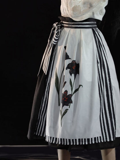 Black Lolita Striped Lily White Midi Elegant Print Skirt and