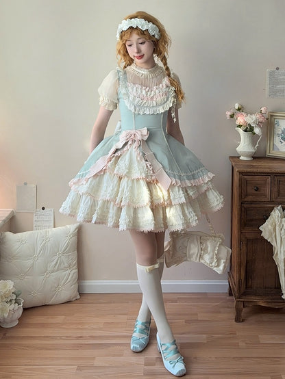 Skirt Waist Pink Jumper Slim Lolita and Fit Tiered Green Elegant