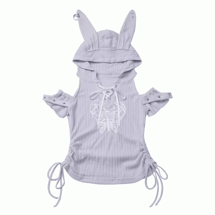 Blue Lace-up Hood T-Shirt Light Drawstring Waist Bunny Ear Design Neckline