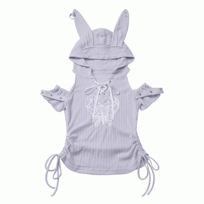Blue Lace-up Hood T-Shirt Light Drawstring Waist Bunny Ear Design Neckline
