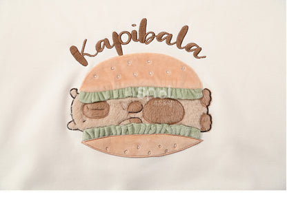 Cute Capybara Burger Applique Beige Thick Sweatshirt