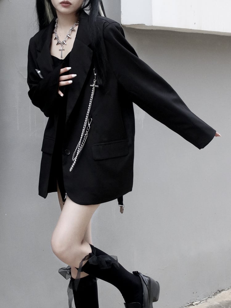 with Tag Black Detail Name Punk Silver Edgy Blazer Chain