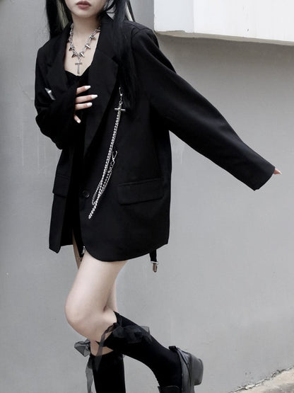 with Tag Black Detail Name Punk Silver Edgy Blazer Chain