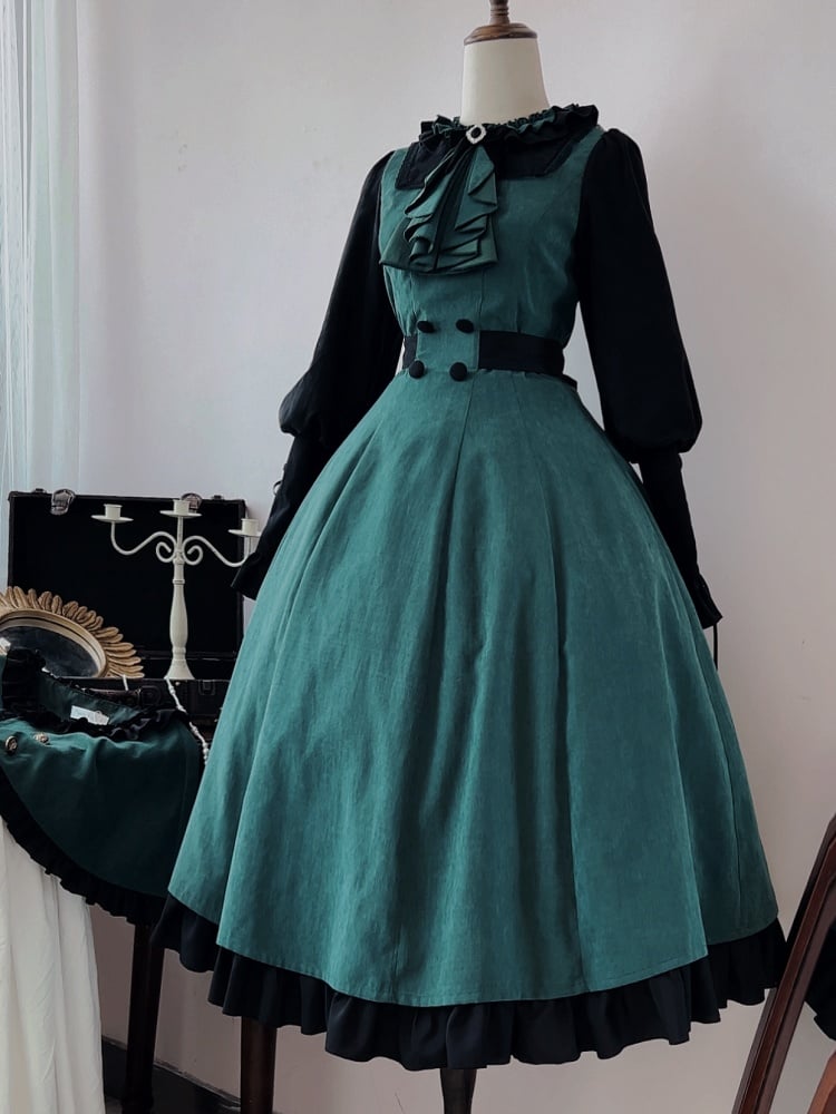 Dark Academia Green and Black Leg-of-Mutton Sleeves Lolita Dress