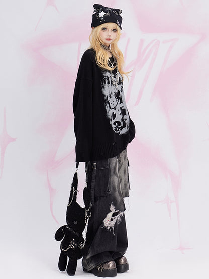 Black Cats Pattern Distress Trim Loose Sweater