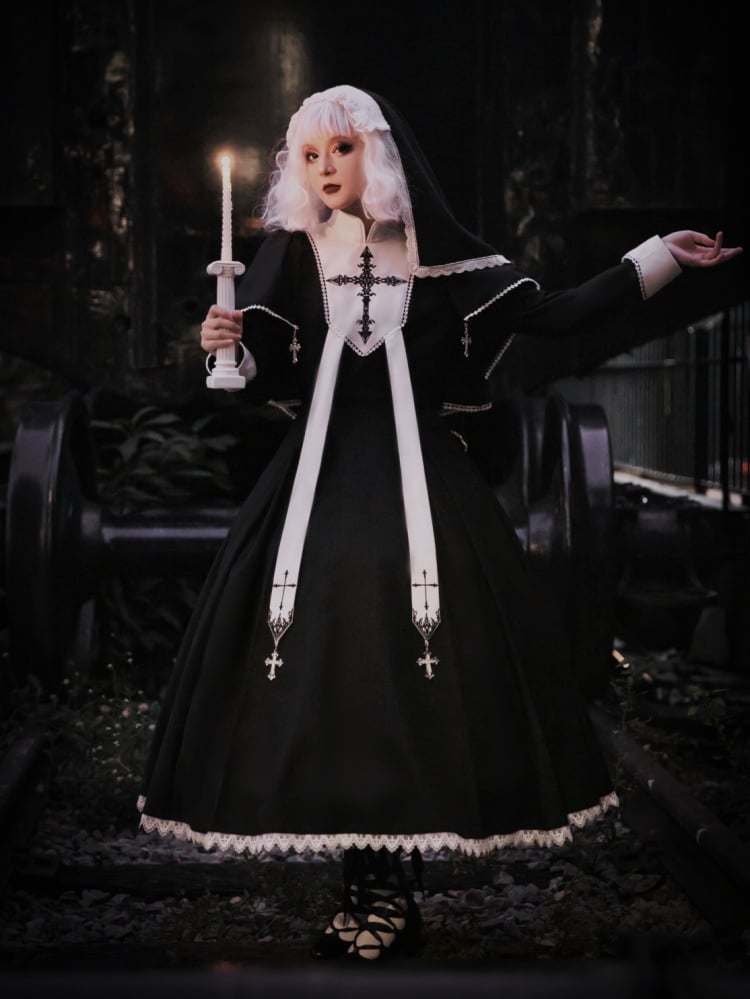 Black and White Cross Embroidery Gothic Nun Lolita Dress