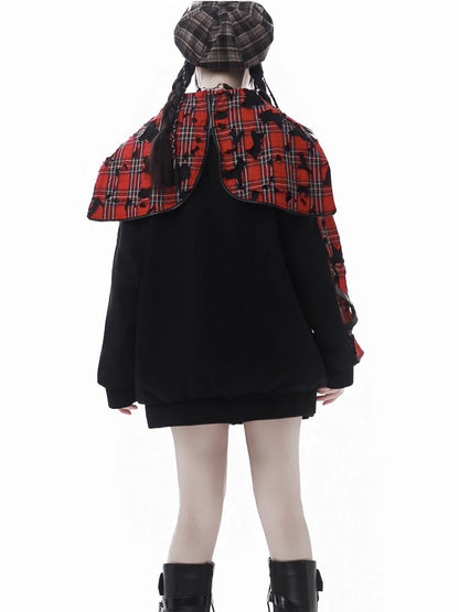 Red Plaid Sailor Collar Heart Applique Black Hooded Jacket