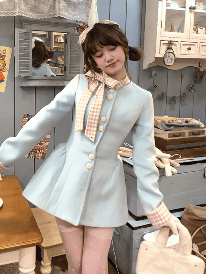 Coat Front Bowknot Pink Dress Plaid Wool with Buttons Creamy Blue