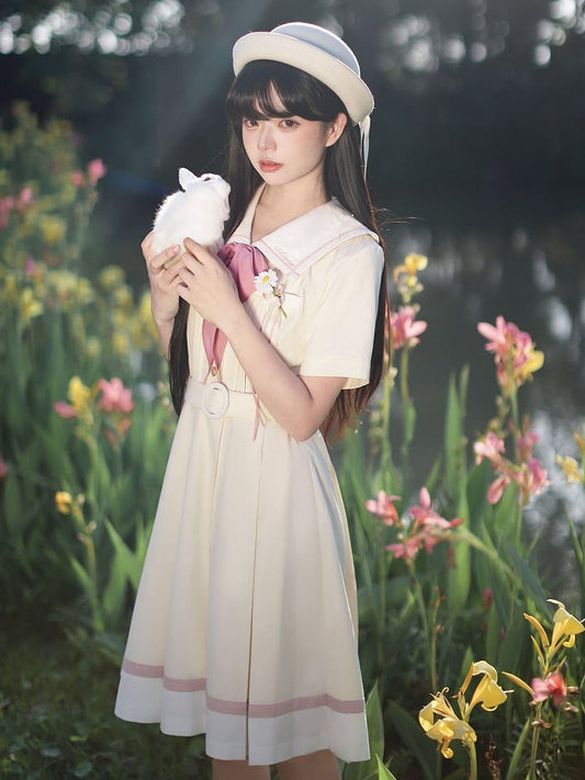 with Pleat Box Sailor Yellow Milk Waist Dress Skirt Collar Belt