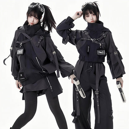 Black Buckle Straps Elastic Cuffs Waist Hooded Jacket Short/Long Version