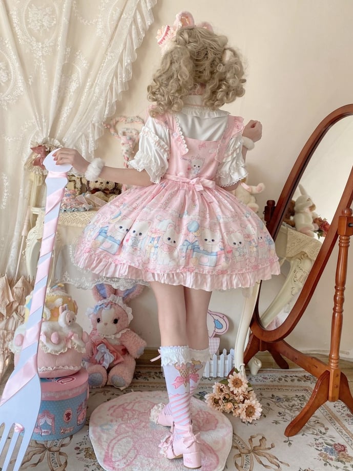 Dots and Dress Overall Print Lolita Polka Kitty Pink Sweet Pattern