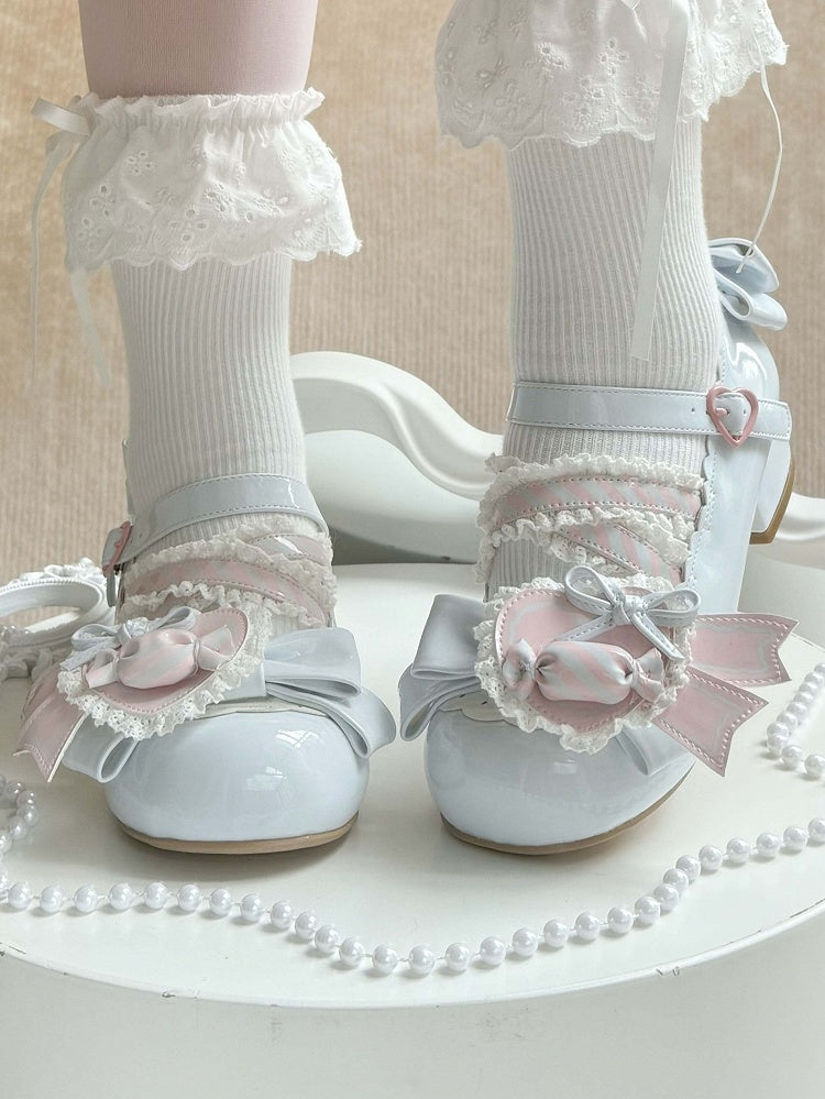 - Low Heels Pink with Clip Style Lolita Sweet A Candy-Decorated Heart Shoe Bow Blue