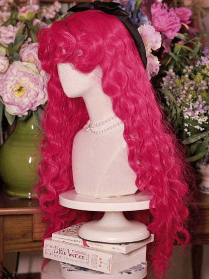 Dark Pink Curly Bangs Wavy  Synthetic Wig