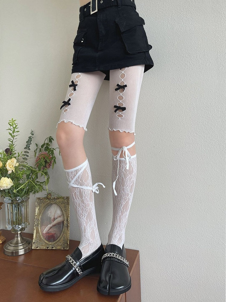 White Lace Stockings/Bowknot Shorts Underknee Design Self-tie Straps Cut-out