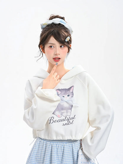 Drucken Kordelzug Saum Blau Hoodie Plaid Entzückende Cartoon Kitty Haube Weiß