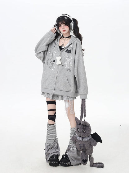 Bone Plushie Schwarz/Grau Zip-up Hoodie mit Kitty Ohren Kapuze und