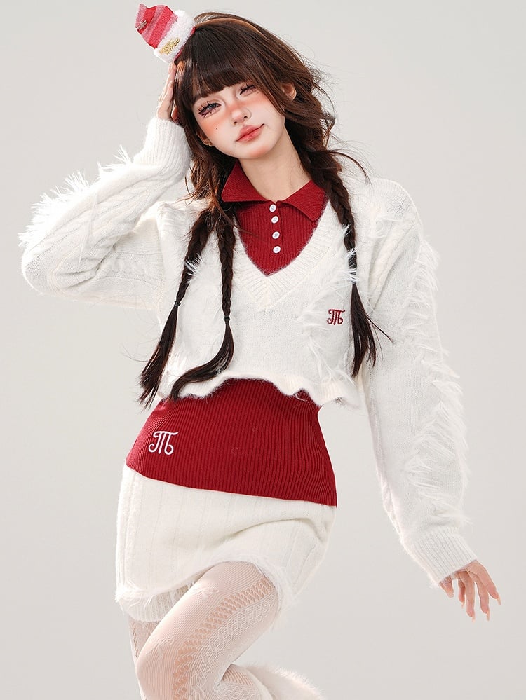 White V-neck Cropped Sweater + Red Knit Top + White Mini Skirt Set