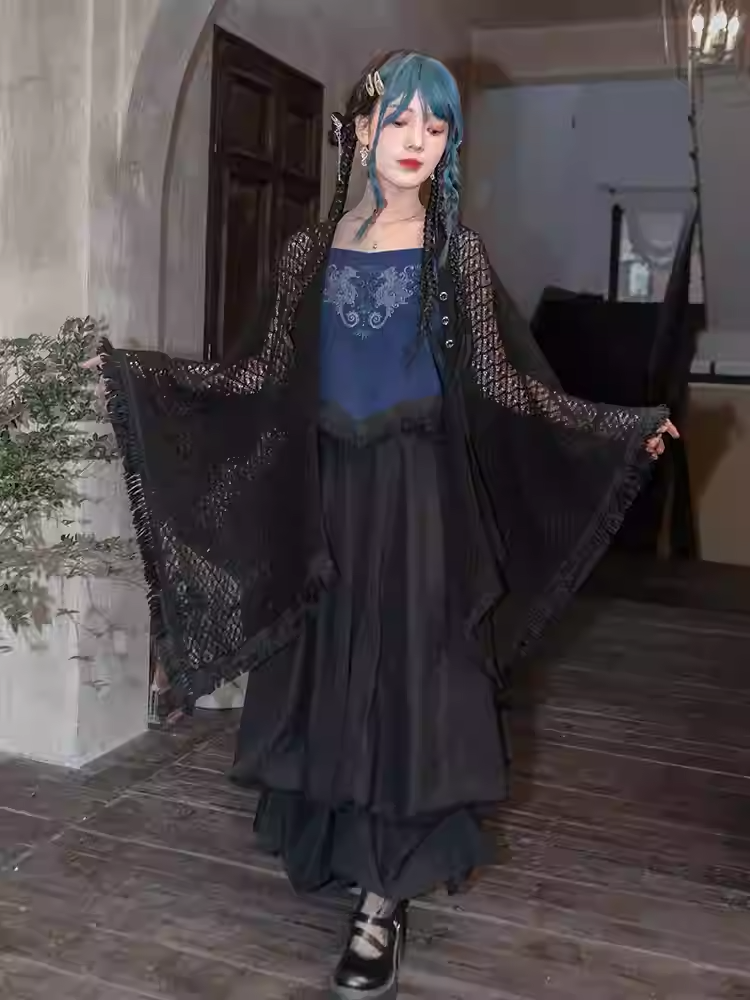 Tassel Embroidery Hem Black Cheongsam Cape Cardigan Style Detachable Seahorse with and Collar Hollow-out Coral