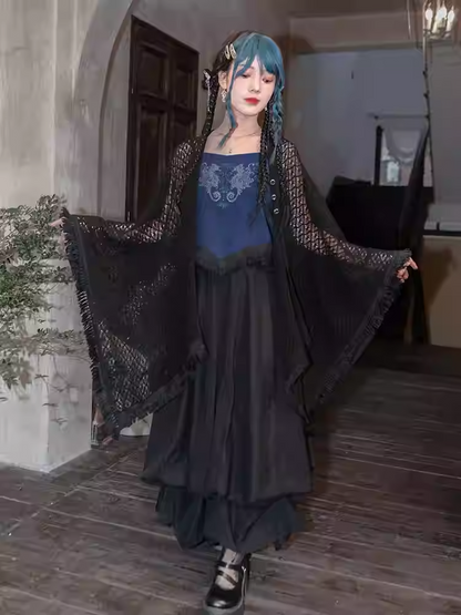 Tassel Embroidery Hem Black Cheongsam Cape Cardigan Style Detachable Seahorse with and Collar Hollow-out Coral