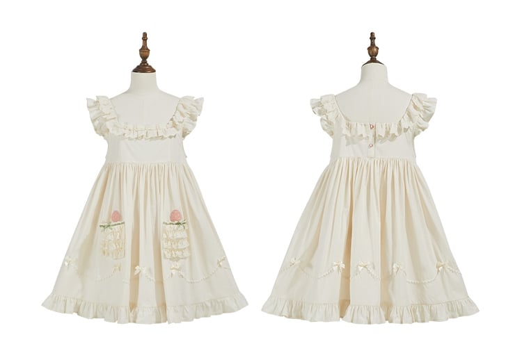 Robe longue beige en coton à taille haute et appliques de fraises