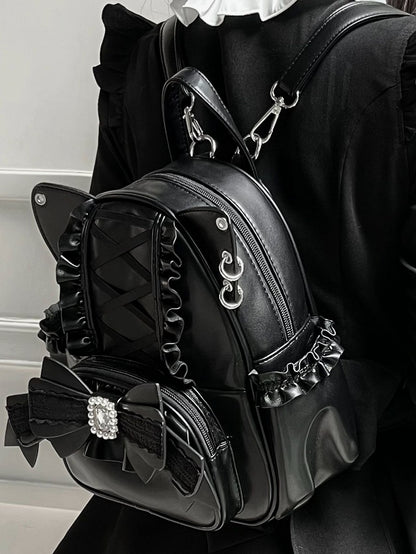 Schwarzer Kei-Rucksack mit Katzenohren und Perlen- und Strassschleife Jirai