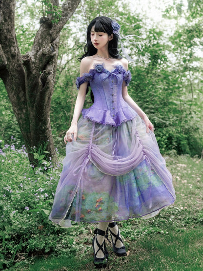 Boned Corset Top with Detachable Floral Adornments Purple Flounce Hem
