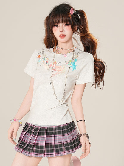 Cartoon T-shirt Print Glamorous Charm Chain Gray