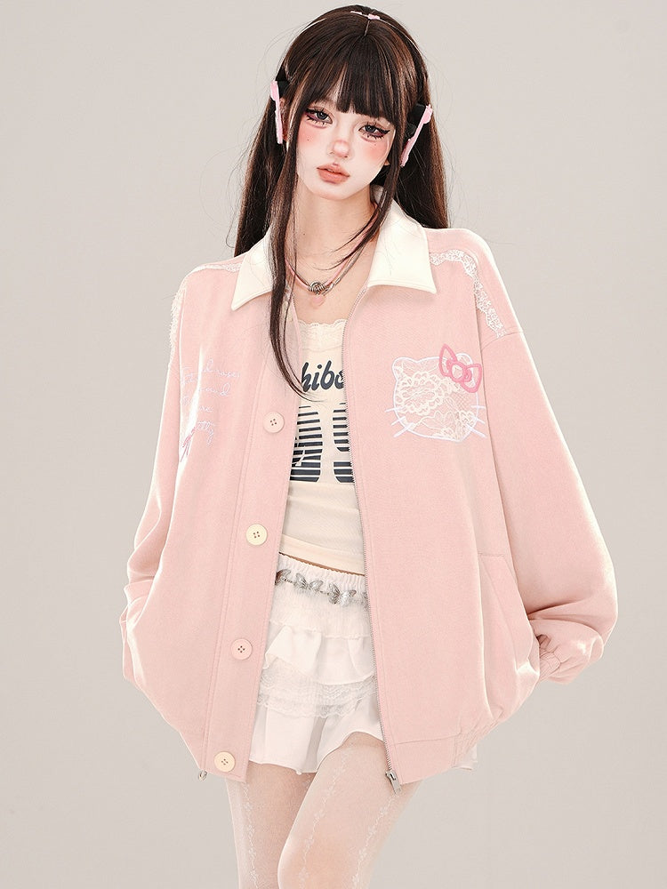 Pink Kitty Embroidery Baseball Jacket