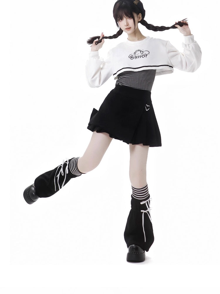 Striped Pattern Top with  Puppy Print Cropped Sweatshirt Set