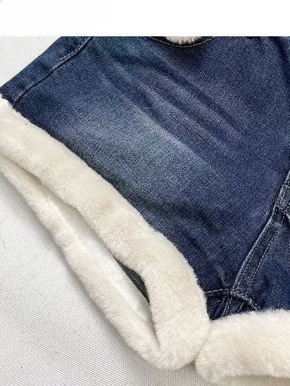 White Plush Trim Dark Blue Denim Shorts