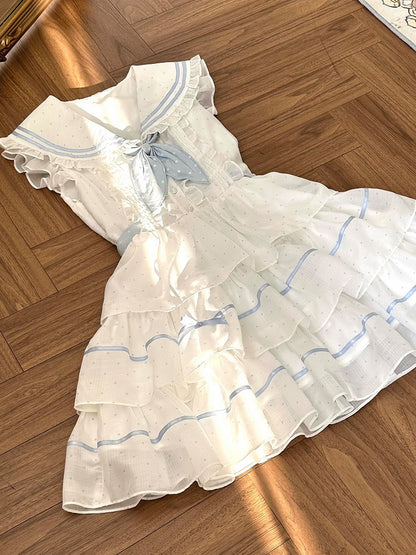 White and Blue Polka-dot Pattern Dress Sailor Collar Navycore