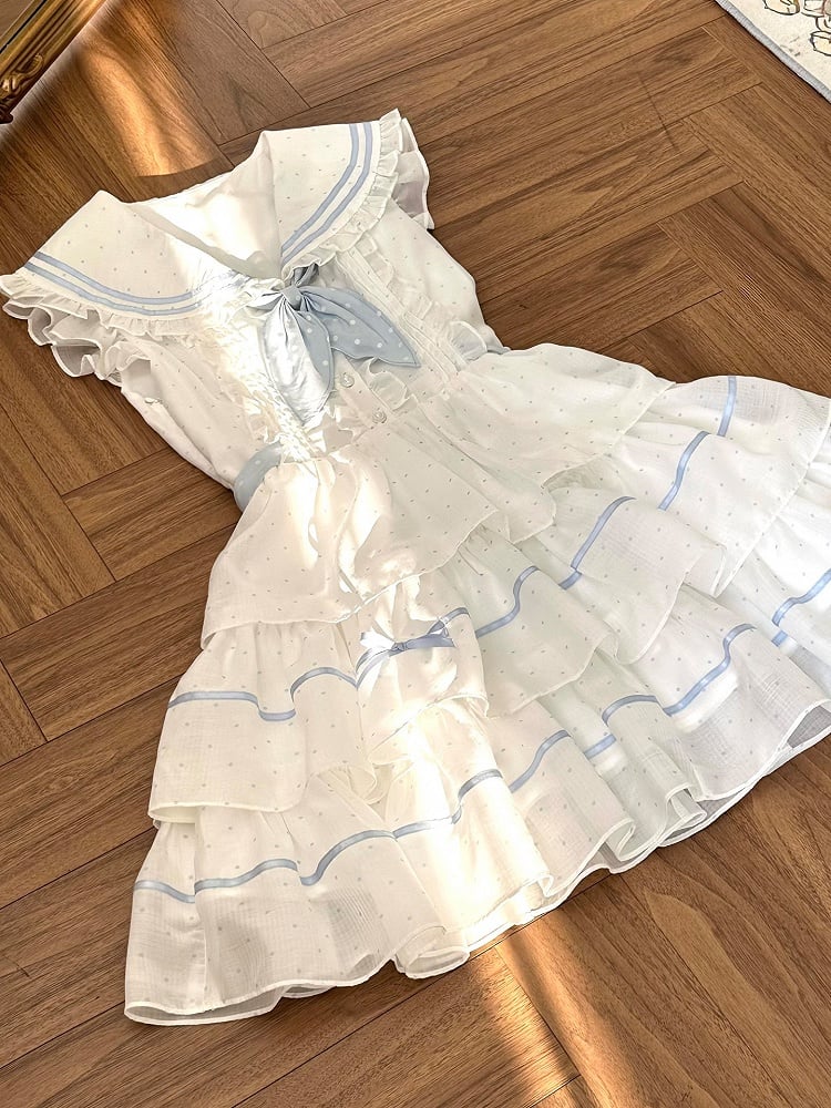 Tiered White and Blue Polka-dot Pattern Dress Sailor Collar Navycore Skirt