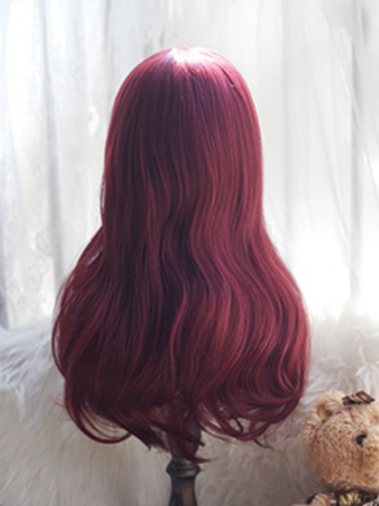 Wine Red Long Wavy Wig With Full Bangs