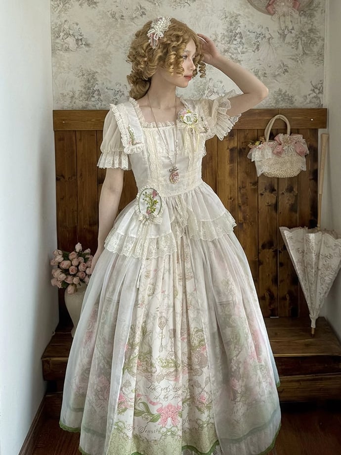 Skirt Waist + Floral Sizes Elastic Print Classic Square - Neckline Plus Available Lolita Set Elegant Blouse