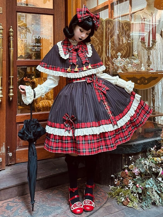 Red Plaid and Black Striped Pattern Lolita JSK + Cape