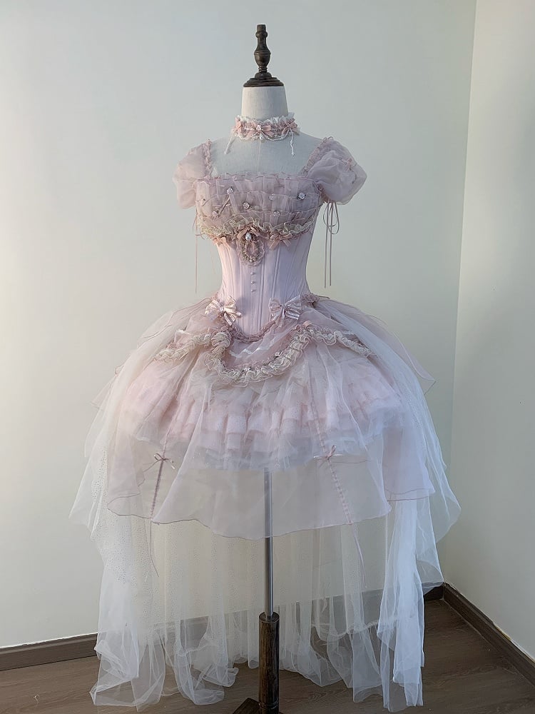Sleeves Layered Outfit Top Corset Balletcore Ruffle Pink Boned Puff Princess Lolita + Skirt