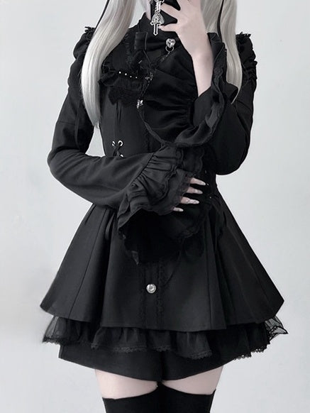 Matching Set: Sleeve Waist Shorts Bell Detachable Coord Tie Bow Lace-Up with Bib Jirai Kei Dress Black