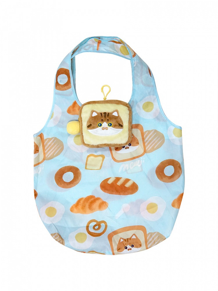 Cute Cat And Bread Print Blue Shoulder Bag