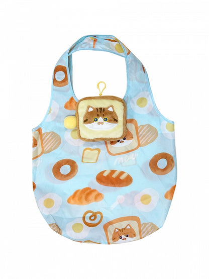 Cute Cat And Bread Print Blue Shoulder Bag