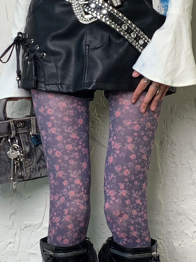 Purple Y2K Floral Print Tights