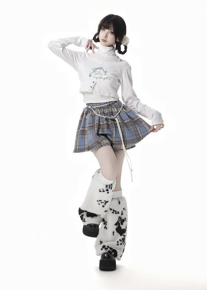 Blue Plaid Pattern Self-tie Strap Skort