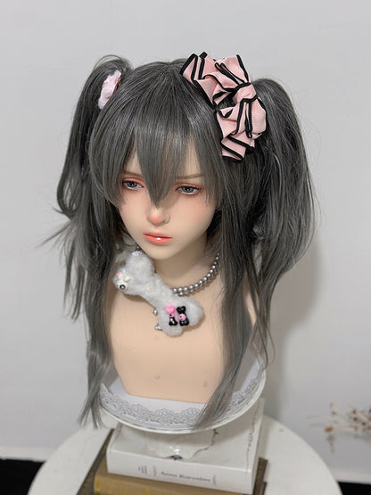 Clips Wig Gray Double Ponytail + 30CM Claw Bangs 38CM Straight Length With Ombre Hair Color